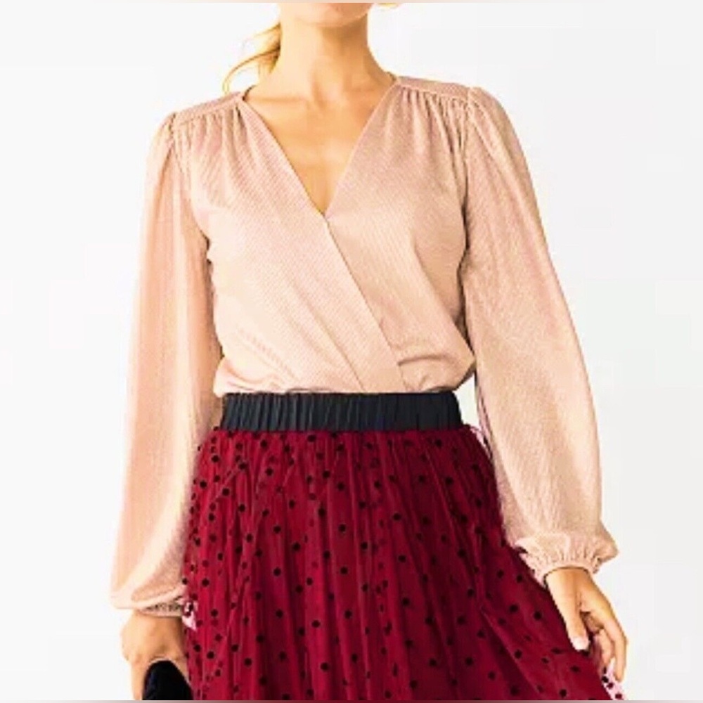 Draper James RSVP Metallic Rose Gold Wrap Bodysuit Size Small